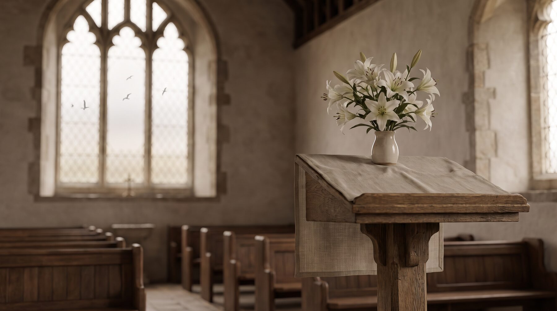 Weiße Lilien auf einem Lesepult in einer Kapelle