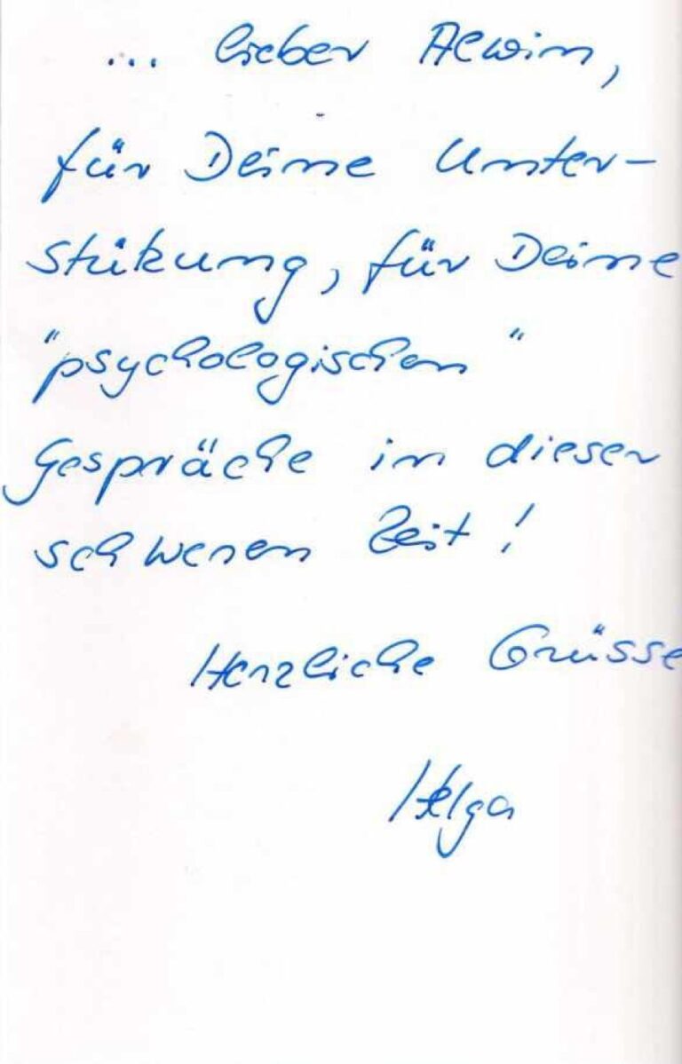 Handschriftliche Dankeskarte: Die Absenderin dankt für Unterstützung und die einfühlsamen Gespräche in einer schweren Zeit.