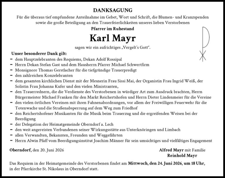 Zeitungsanzeige: Danksagung einer Familie nach einer kirchlichen Trauerfeier, mit besonderem Dank an Alwin Pfaff für sein umsichtiges Engagement.