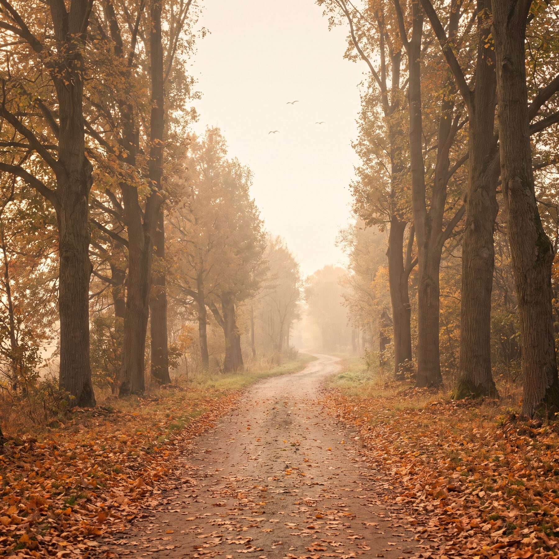 Herbstliche Allee mit Laub auf dem Weg